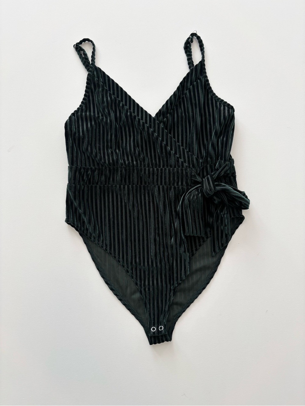Forever 21 Dark Green Velvet-Striped Body Suit with Side Tie